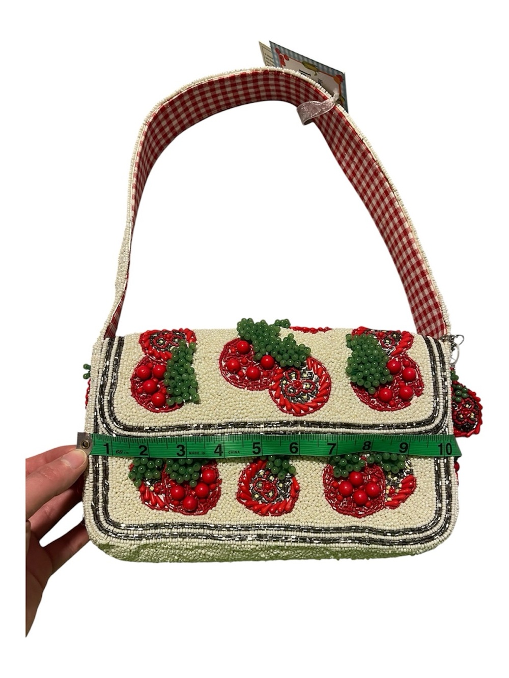 Beaded Tomato Embellished Cream Shoulder Bag